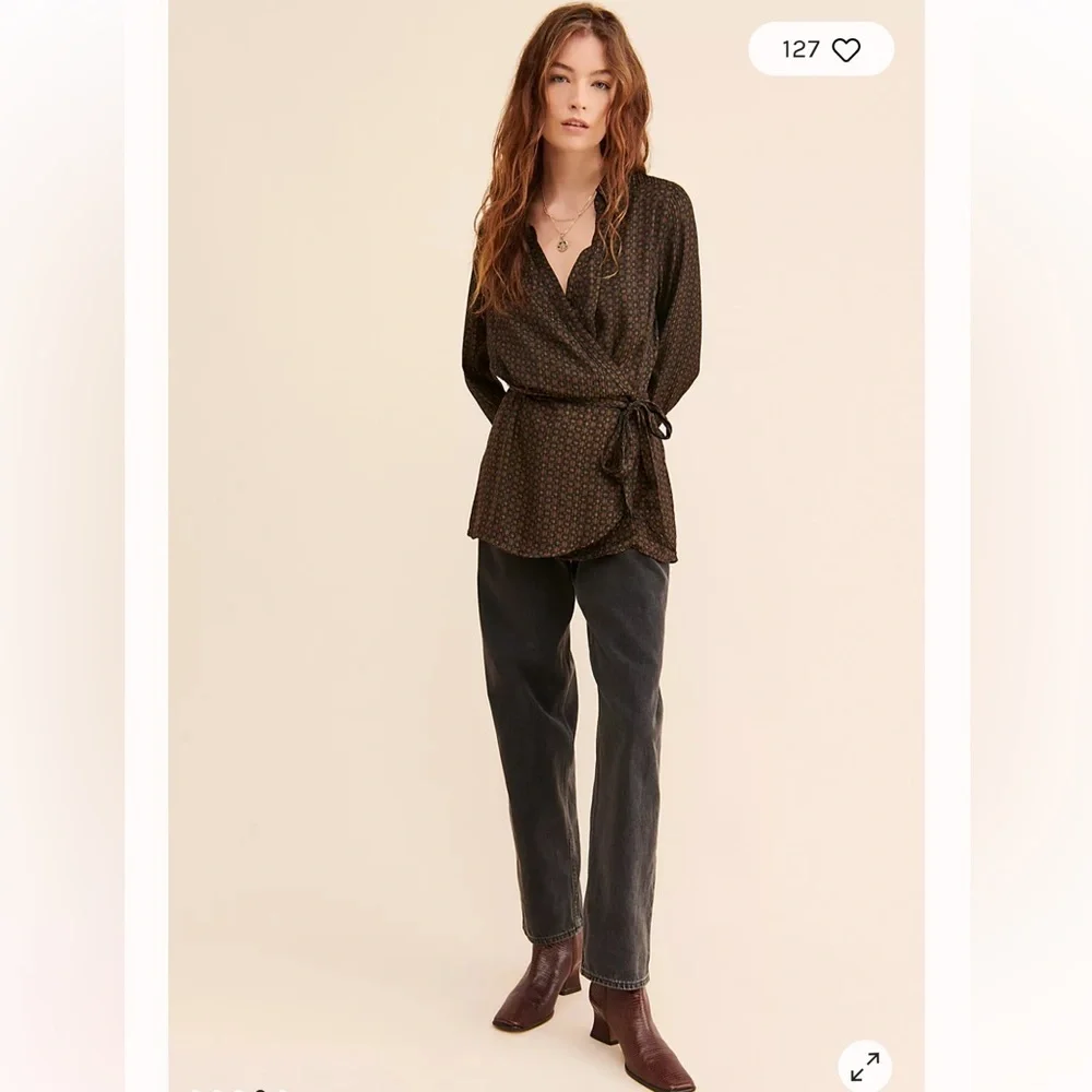 Free People Arlo Wrap‎ Top Brown Black Print S